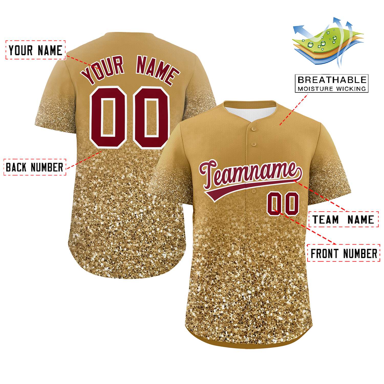 Custom Old Gold Crimson Sparkle-Effect Pattern Gradient Fashion Authentic Baseball Jersey