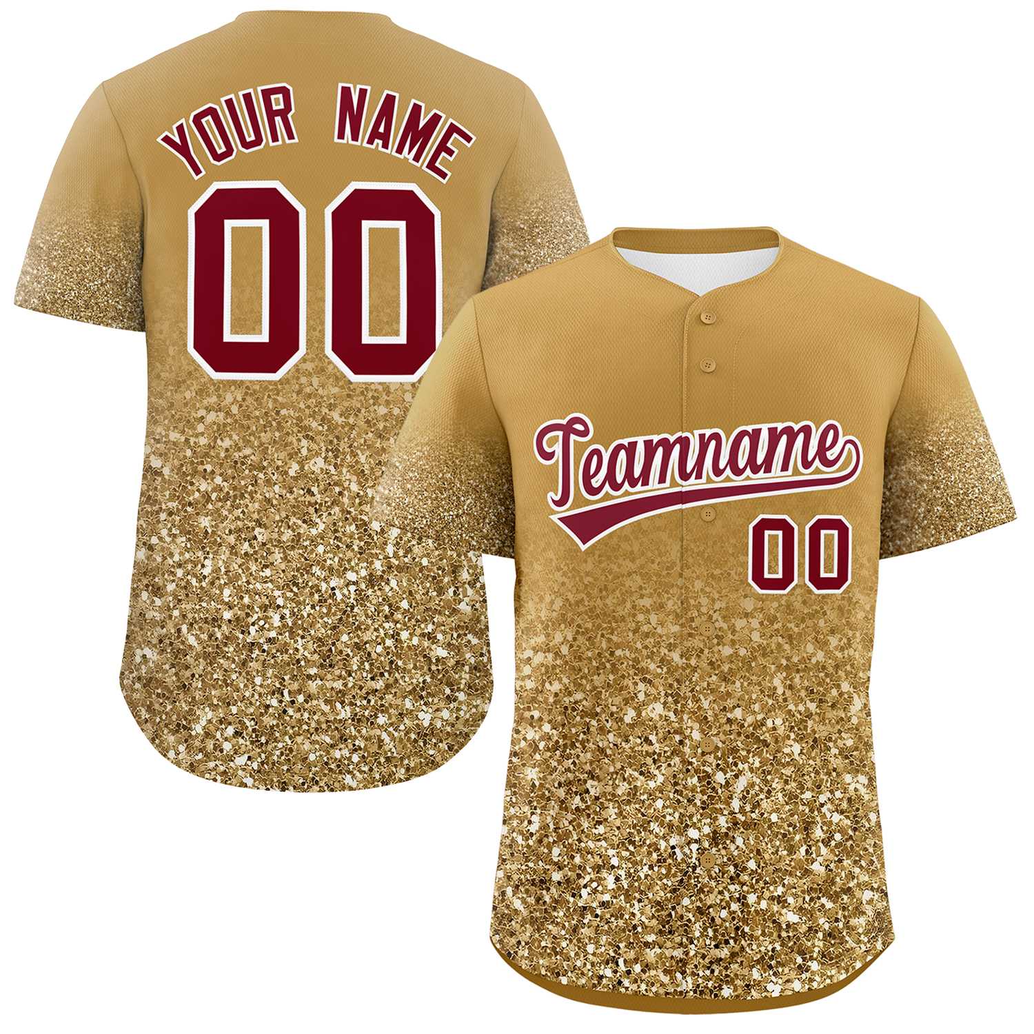 Custom Old Gold Crimson Sparkle-Effect Pattern Gradient Fashion Authentic Baseball Jersey