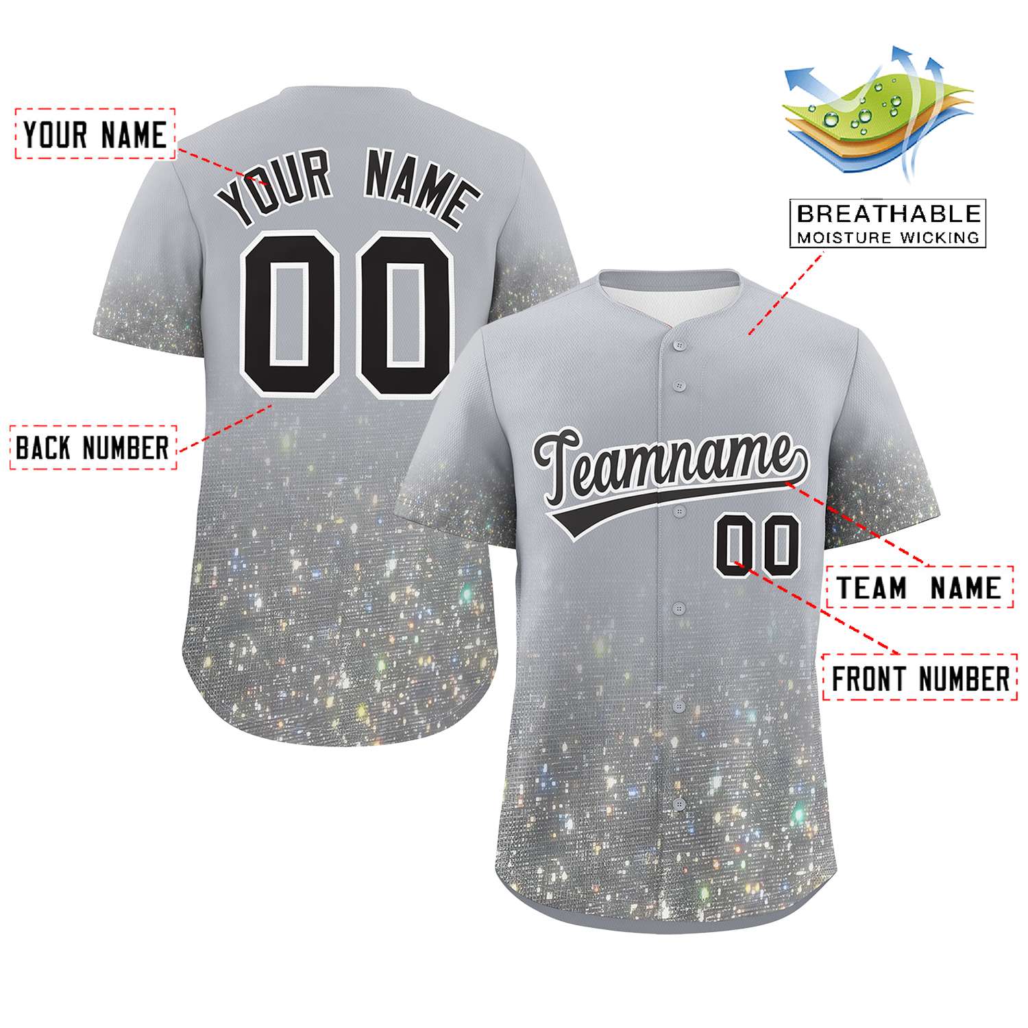 Custom Gray Black Sparkle-Effect Pattern Gradient Fashion Authentic Baseball Jersey