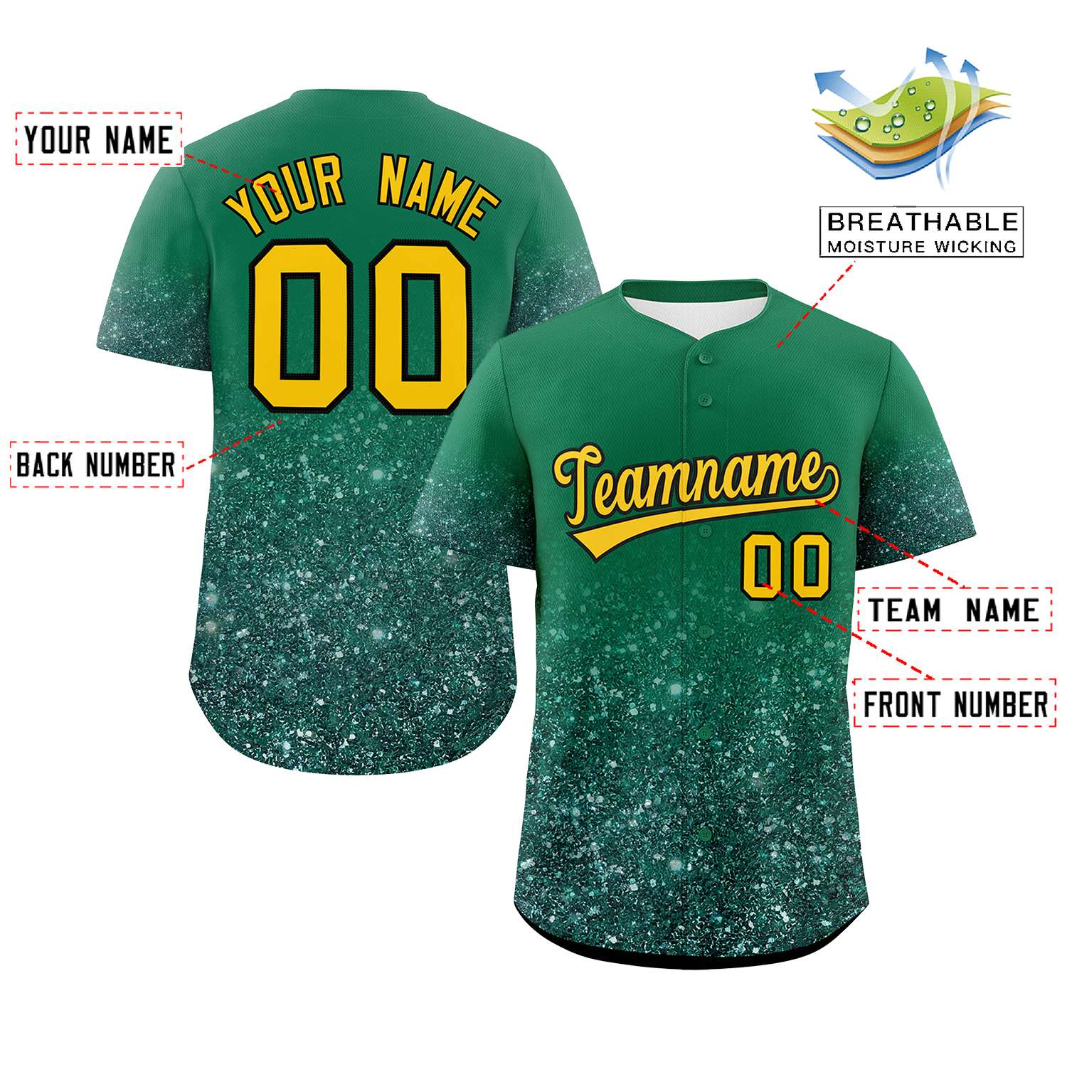 Custom Teal Gold Sparkle-Effect Pattern Gradient Fashion Authentic Baseball Jersey