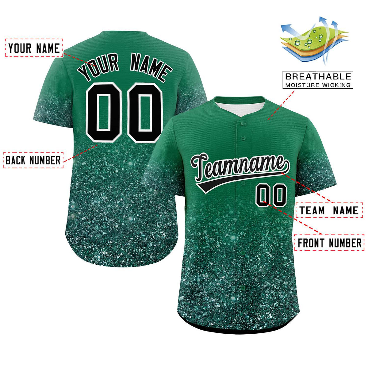 Custom Kelly Green Black Sparkle-Effect Pattern Gradient Fashion Authentic Baseball Jersey