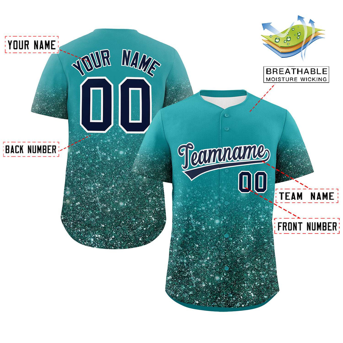 Custom Aqua Black Sparkle-Effect Pattern Gradient Fashion Authentic Baseball Jersey