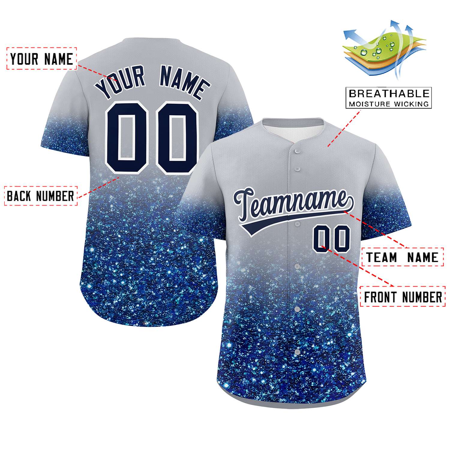 Custom Gray Navy Sparkle-Effect Pattern Gradient Fashion Authentic Baseball Jersey