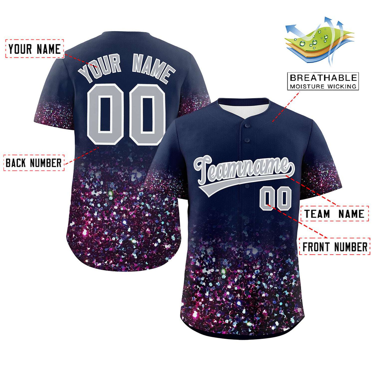 Custom Navy Gray Sparkle-Effect Pattern Gradient Fashion Authentic Baseball Jersey