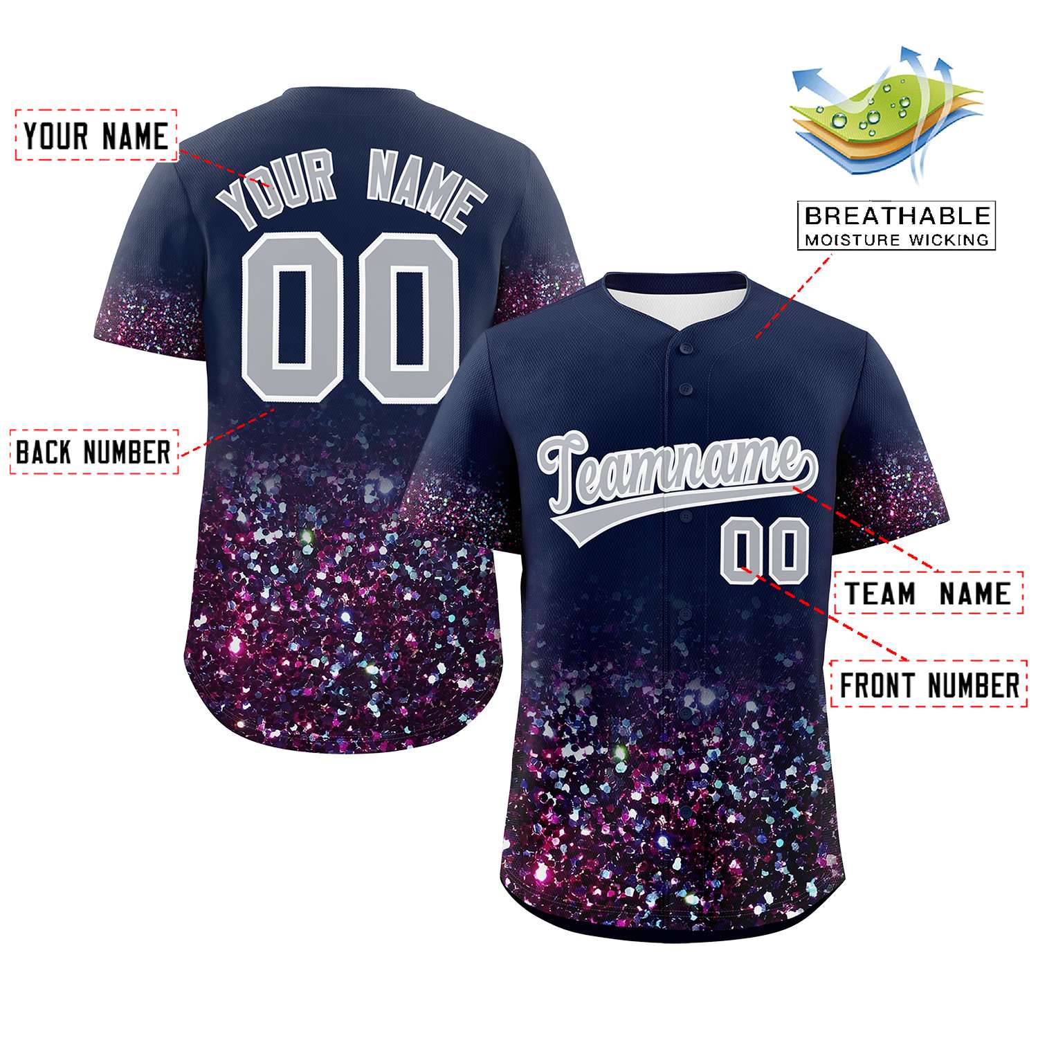Custom Navy Gray Sparkle-Effect Pattern Gradient Fashion Authentic Baseball Jersey