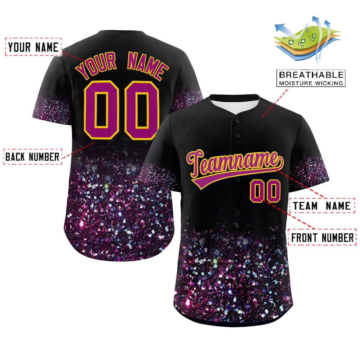 Custom Black Dark Pink Sparkle-Effect Pattern Gradient Fashion Authentic Baseball Jersey
