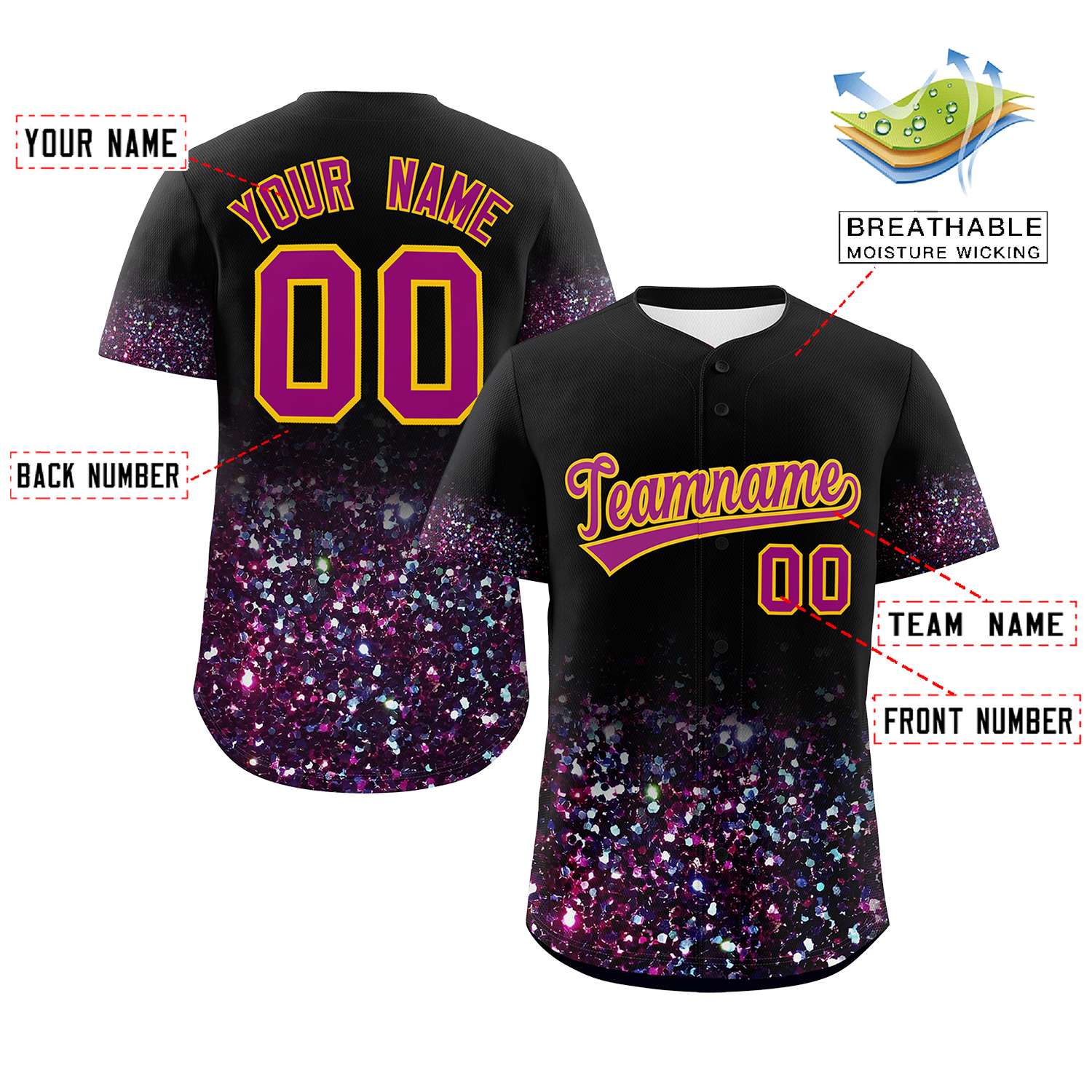 Custom Black Dark Pink Sparkle-Effect Pattern Gradient Fashion Authentic Baseball Jersey