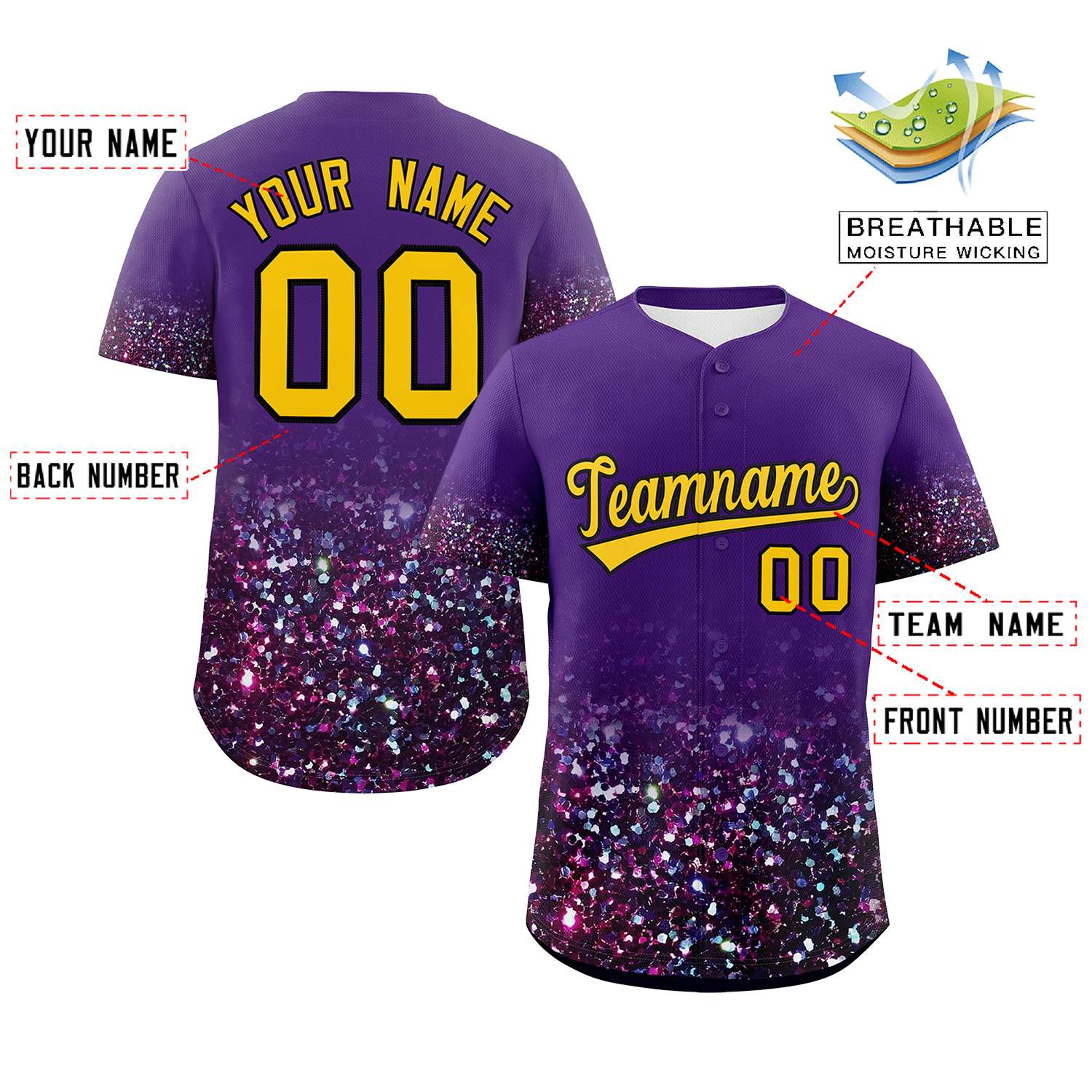 Custom Purple Gold Sparkle-Effect Pattern Gradient Fashion Authentic Baseball Jersey