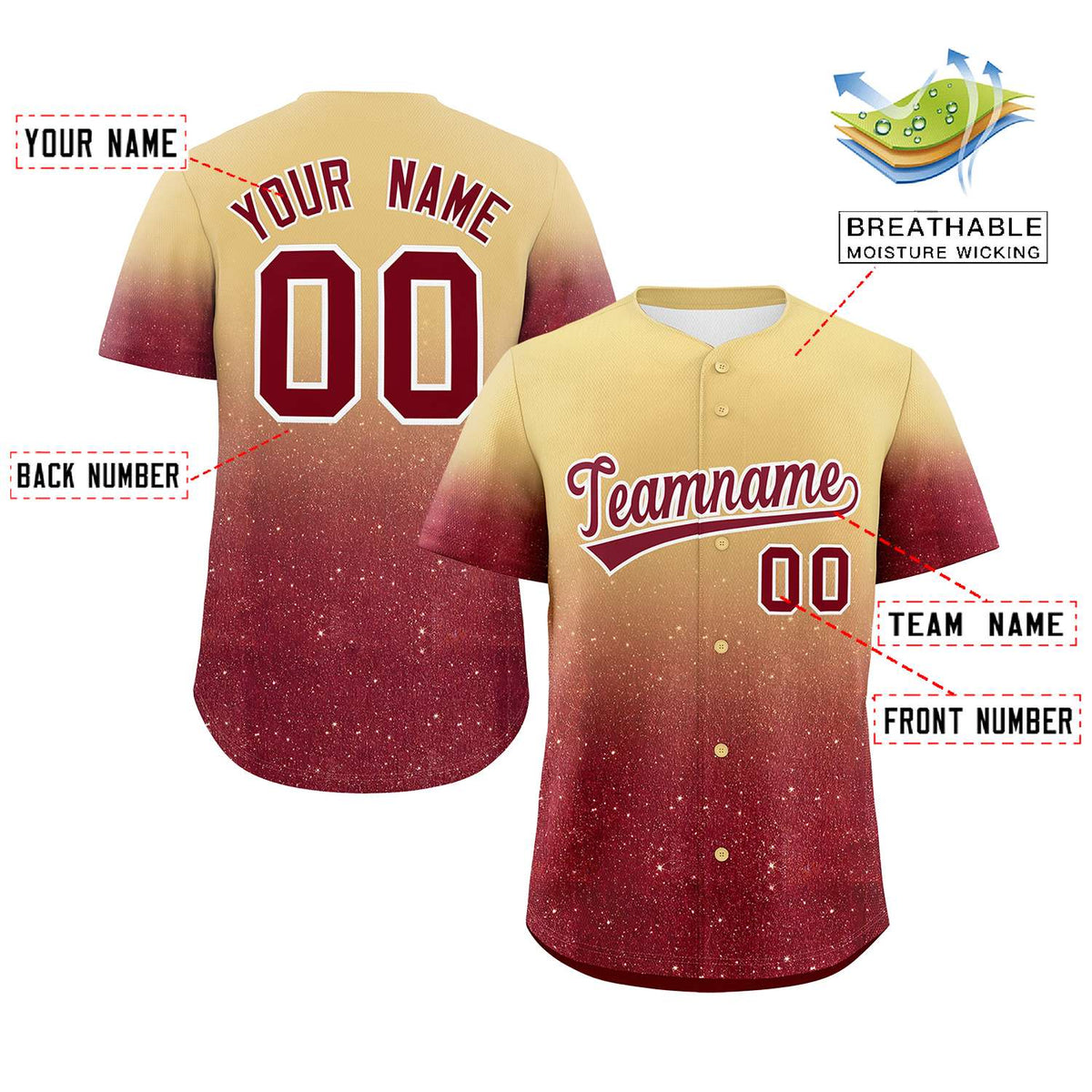 Custom Khaki Crimson Sparkle-Effect Pattern Gradient Fashion Authentic Baseball Jersey