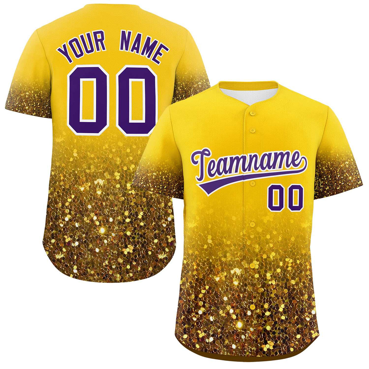 Custom Gold Purple Sparkle-Effect Pattern Gradient Fashion Authentic Baseball Jersey