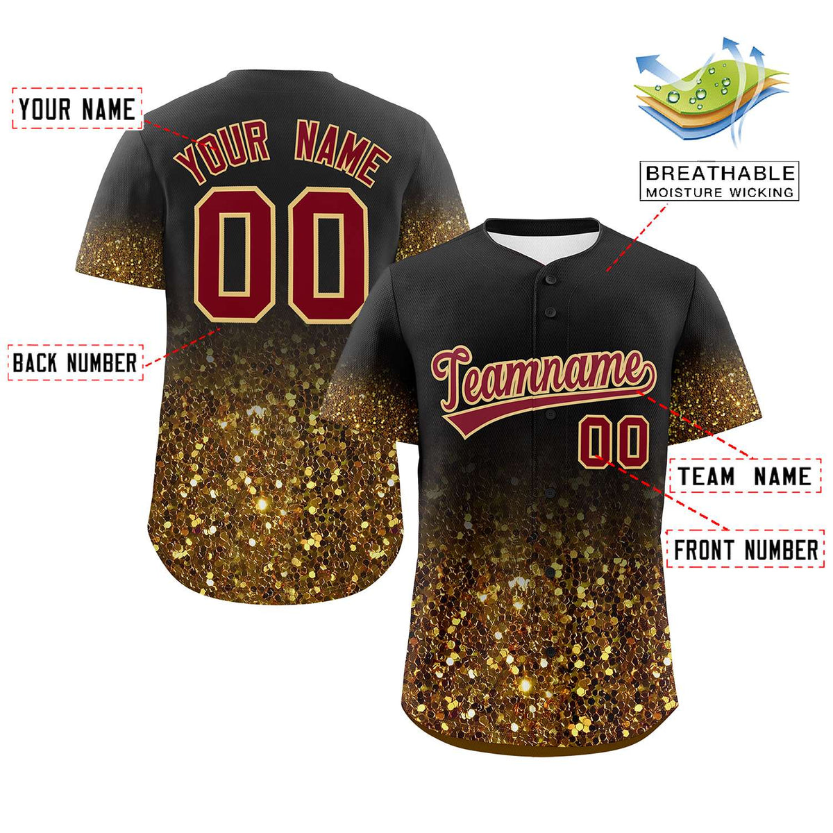 Custom Black Crimson Sparkle-Effect Pattern Gradient Fashion Authentic Baseball Jersey