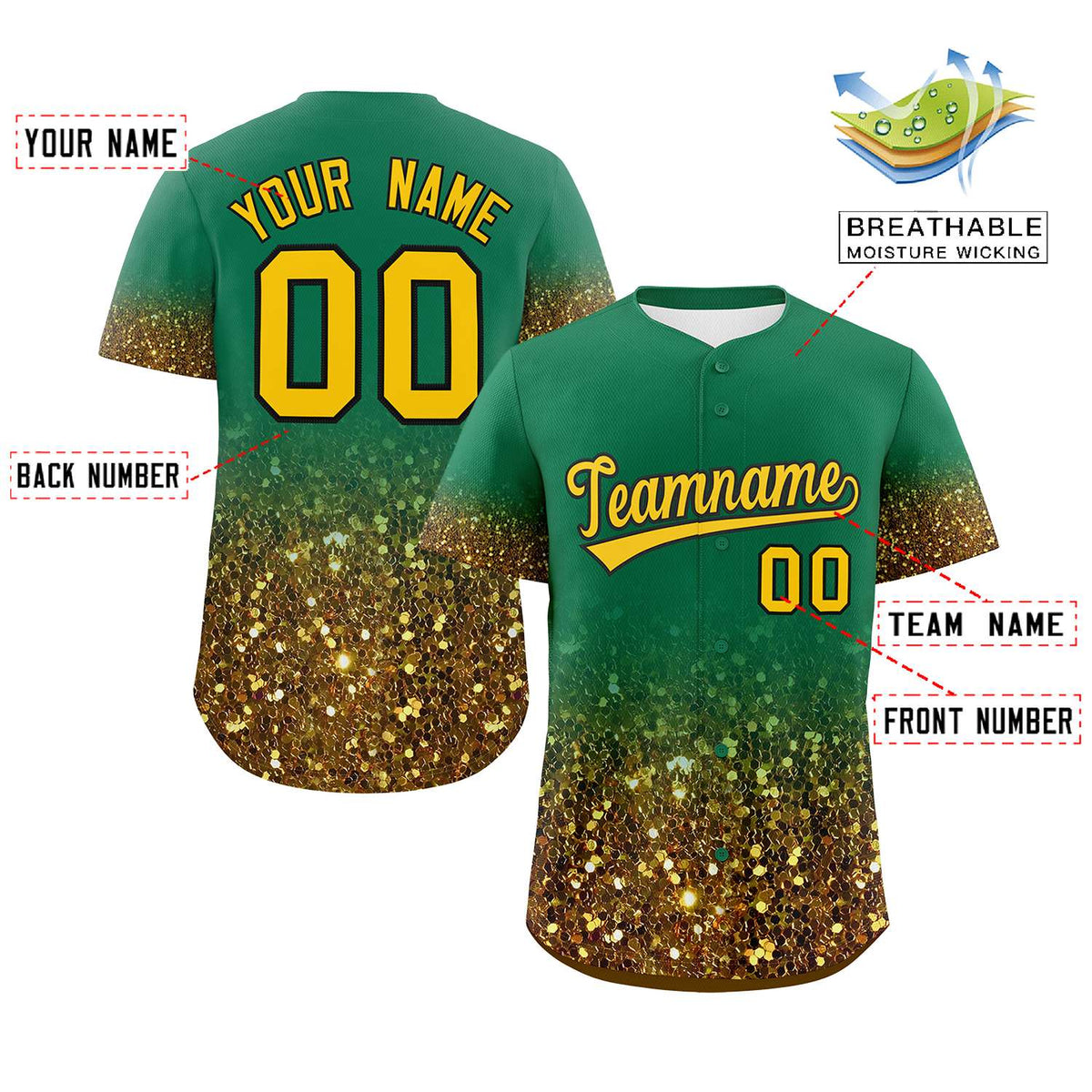 Custom Kelly Green Gold Sparkle-Effect Pattern Gradient Fashion Authentic Baseball Jersey