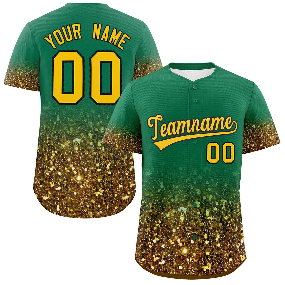 Custom Kelly Green Gold Sparkle-Effect Pattern Gradient Fashion Authentic Baseball Jersey