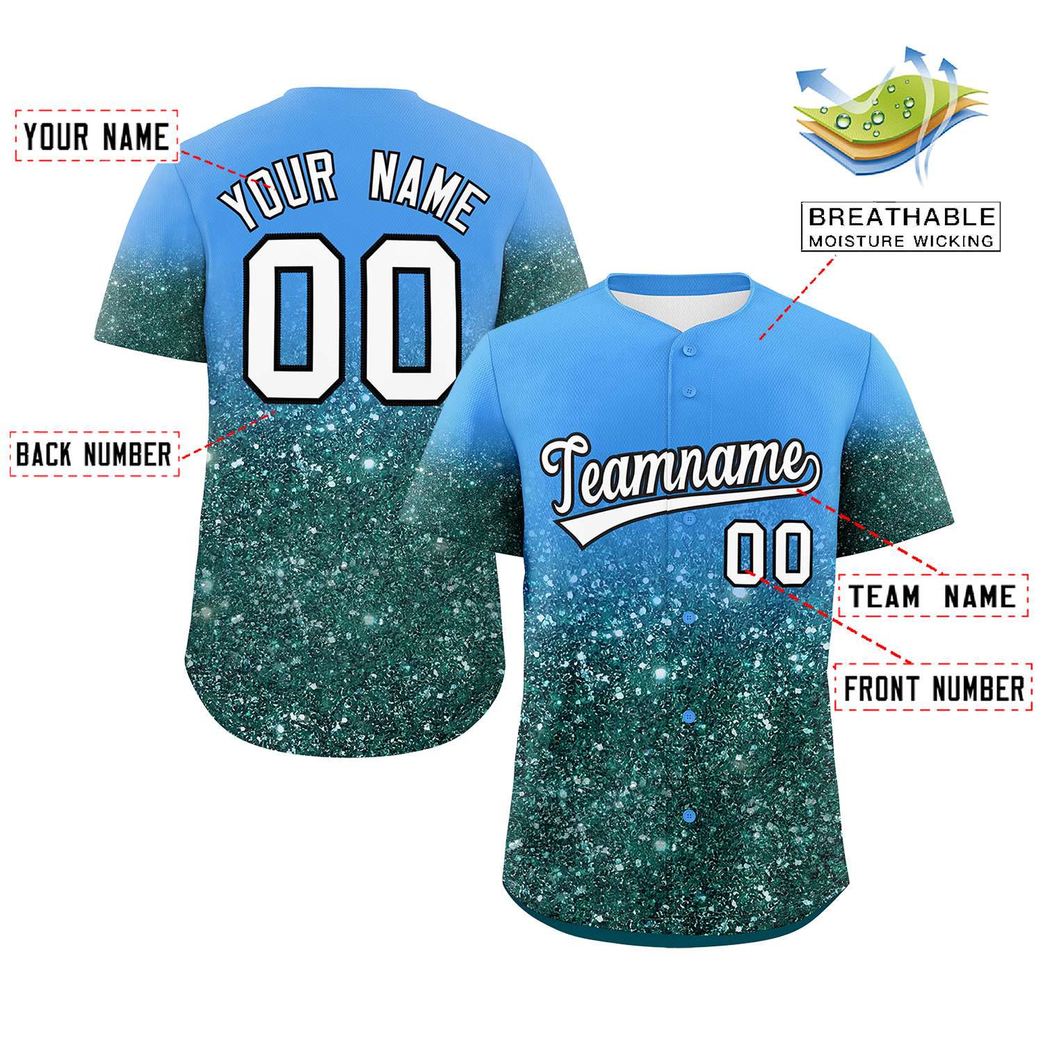 Custom Powder Blue White Sparkle-Effect Pattern Gradient Fashion Authentic Baseball Jersey
