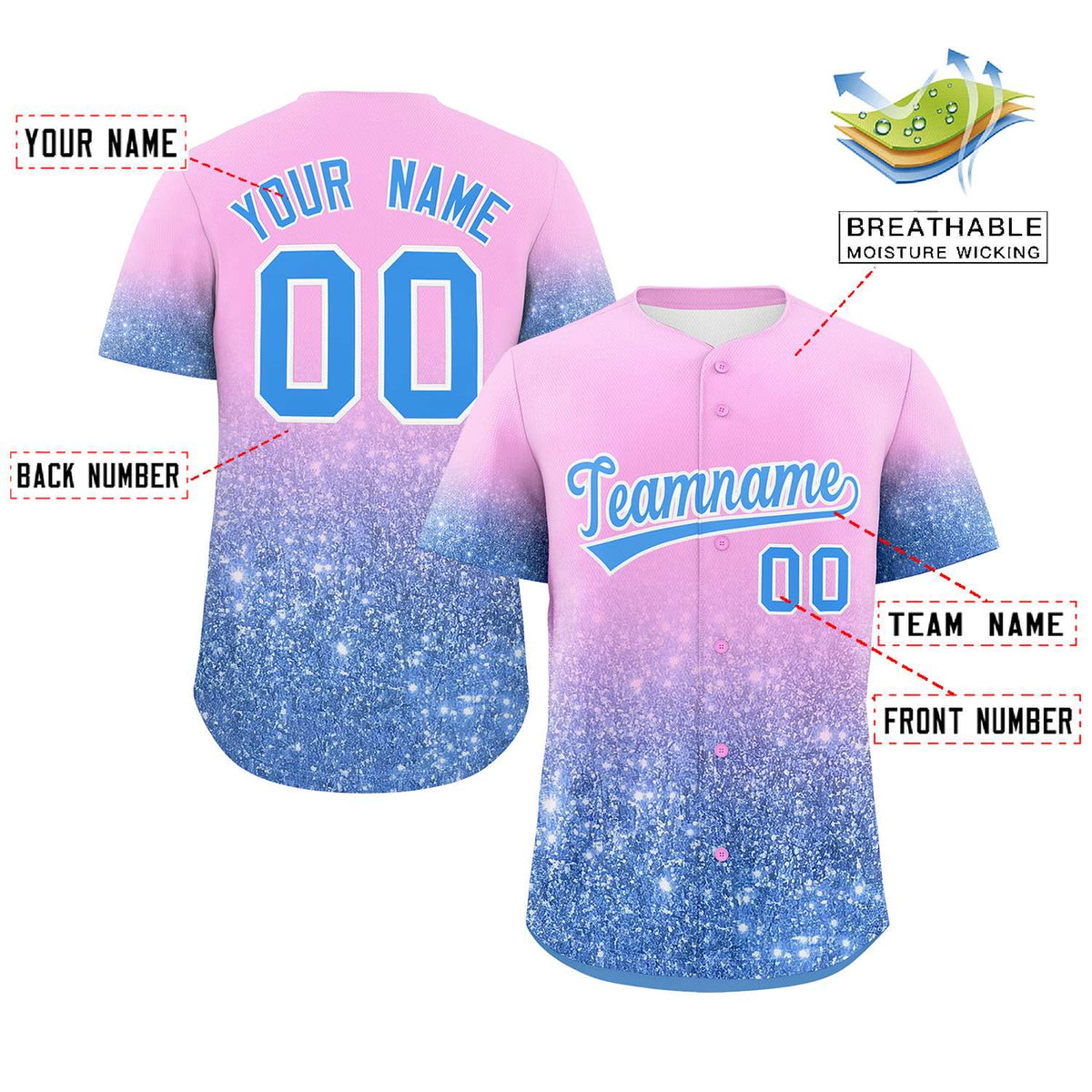 Custom Light Pink Powder Blue Sparkle-Effect Pattern Gradient Fashion Authentic Baseball Jersey