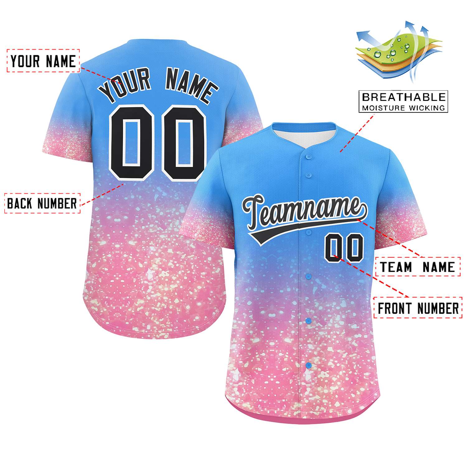 Custom Powder Blue Black Sparkle-Effect Pattern Gradient Fashion Authentic Baseball Jersey