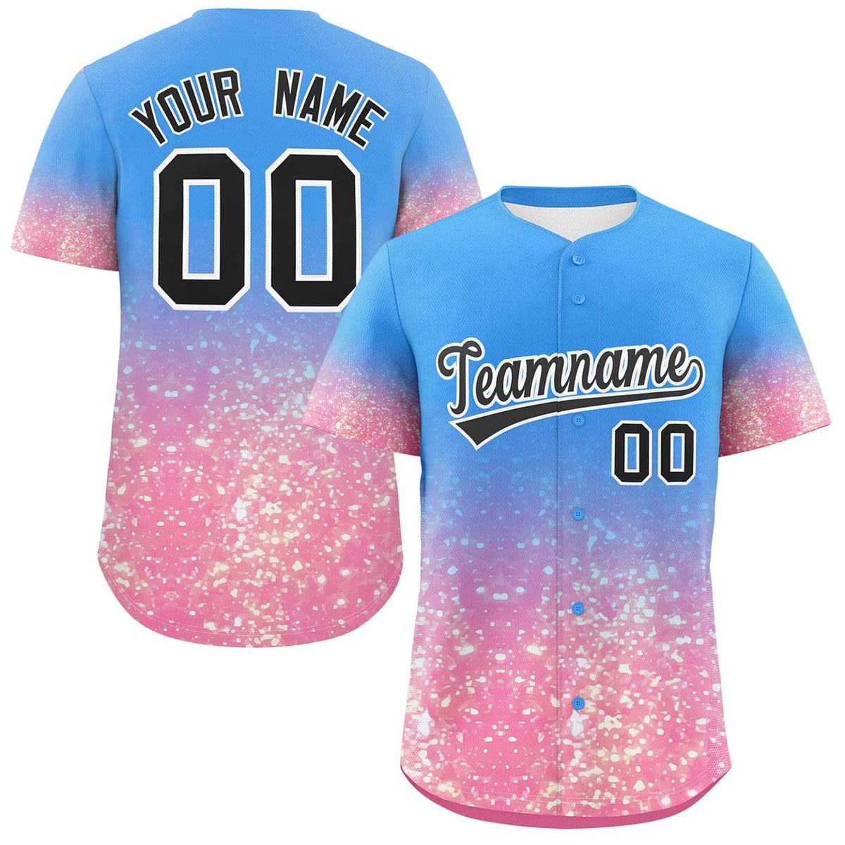 Custom Powder Blue Black Sparkle-Effect Pattern Gradient Fashion Authentic Baseball Jersey