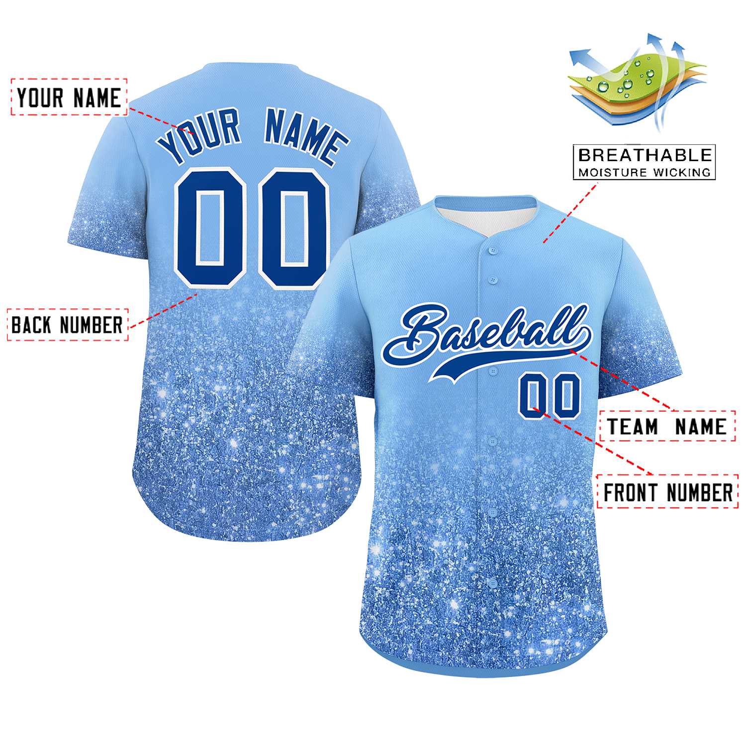 Custom Light Blue Royal Sparkle-Effect Pattern Gradient Fashion Authentic Baseball Jersey