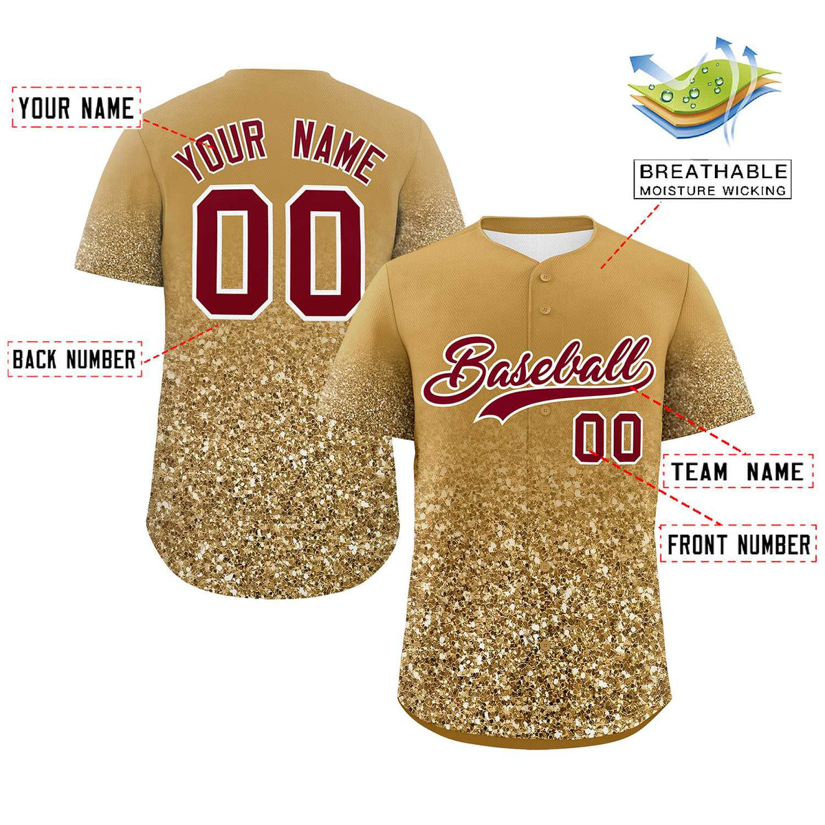 Custom Old Gold Crimson Sparkle-Effect Pattern Gradient Fashion Authentic Baseball Jersey