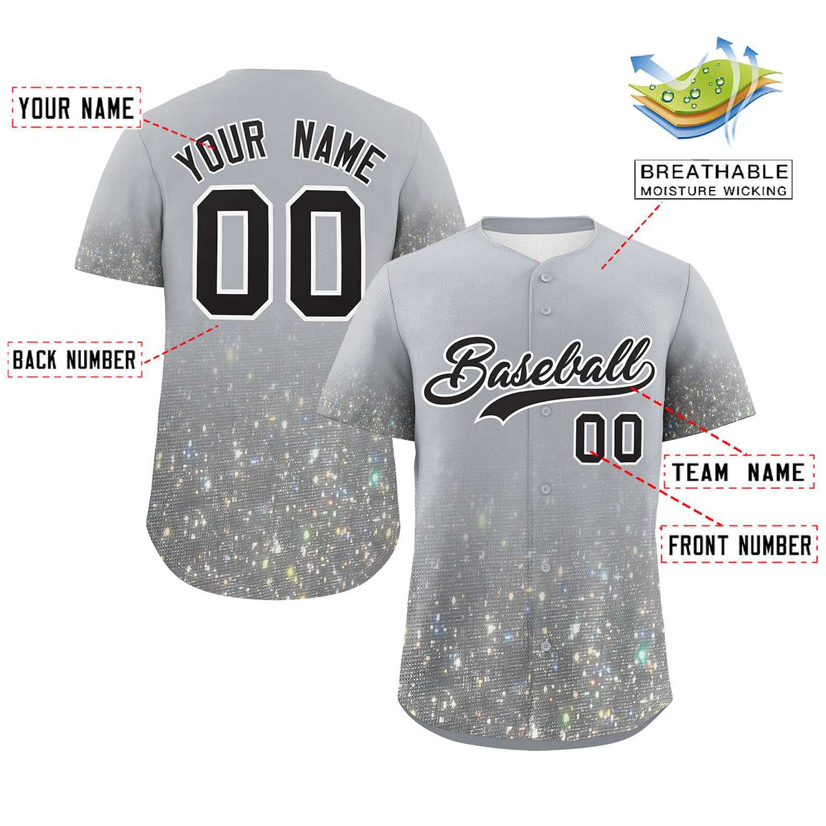 Custom Gray Black Sparkle-Effect Pattern Gradient Fashion Authentic Baseball Jersey