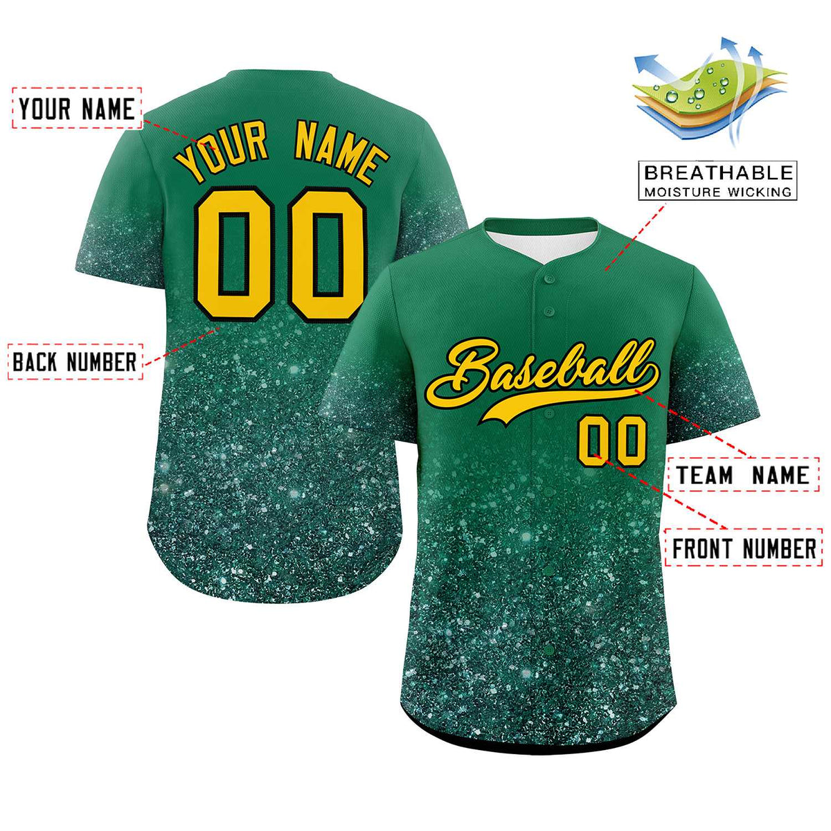 Custom Teal Gold Sparkle-Effect Pattern Gradient Fashion Authentic Baseball Jersey