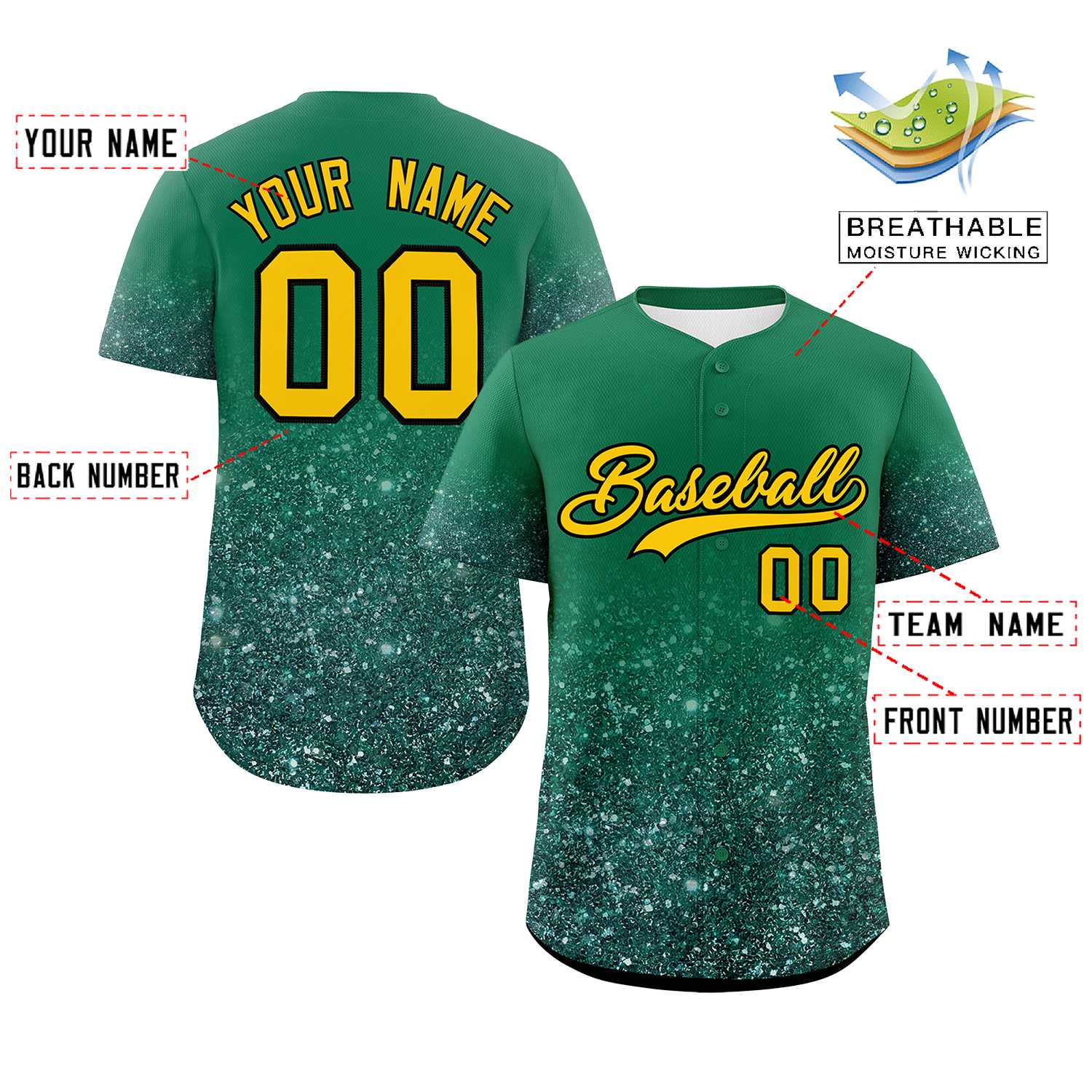 Custom Teal Gold Sparkle-Effect Pattern Gradient Fashion Authentic Baseball Jersey