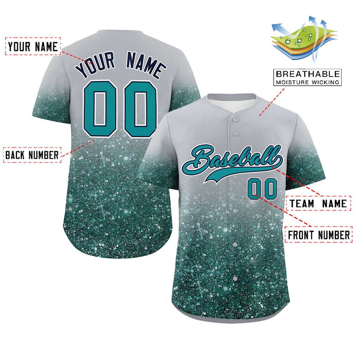 Custom Gray Aqua Sparkle-Effect Pattern Gradient Fashion Authentic Baseball Jersey