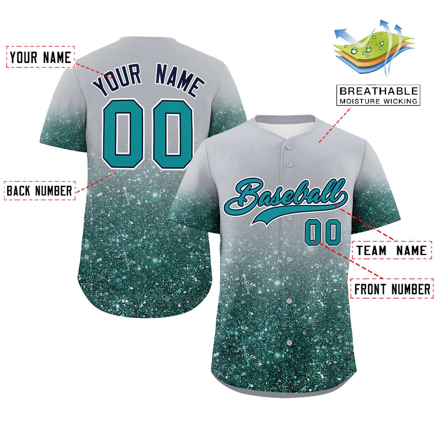 Custom Gray Aqua Sparkle-Effect Pattern Gradient Fashion Authentic Baseball Jersey