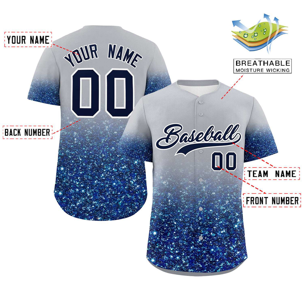 Custom Gray Navy Sparkle-Effect Pattern Gradient Fashion Authentic Baseball Jersey
