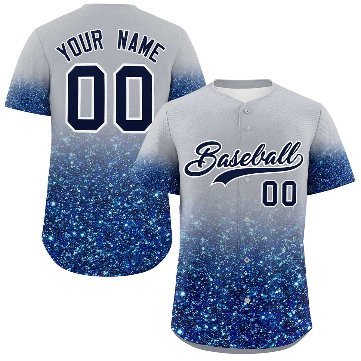 Custom Gray Navy Sparkle-Effect Pattern Gradient Fashion Authentic Baseball Jersey