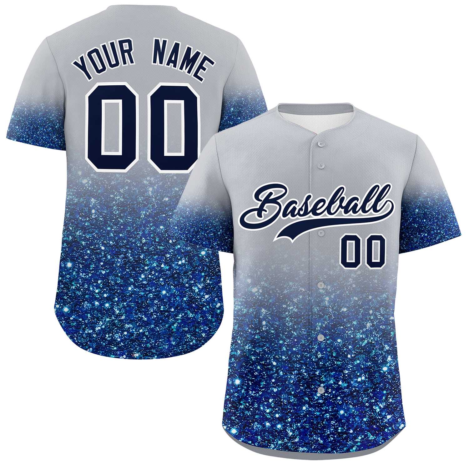 Custom Gray Navy Sparkle-Effect Pattern Gradient Fashion Authentic Baseball Jersey