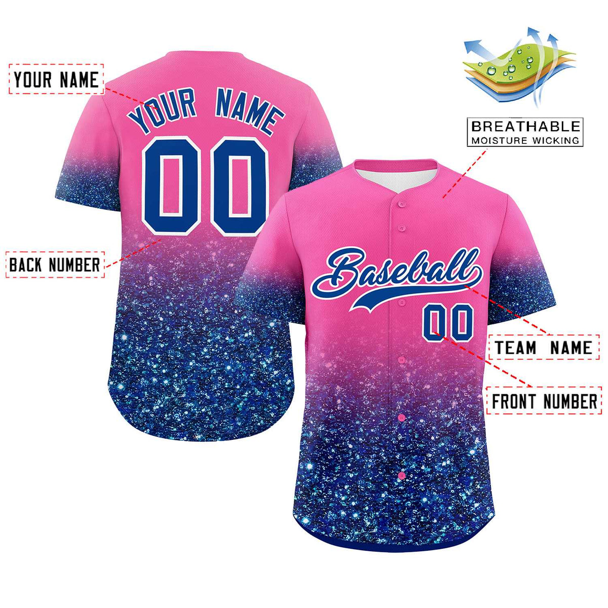 Custom Pink Royal Sparkle-Effect Pattern Gradient Fashion Authentic Baseball Jersey