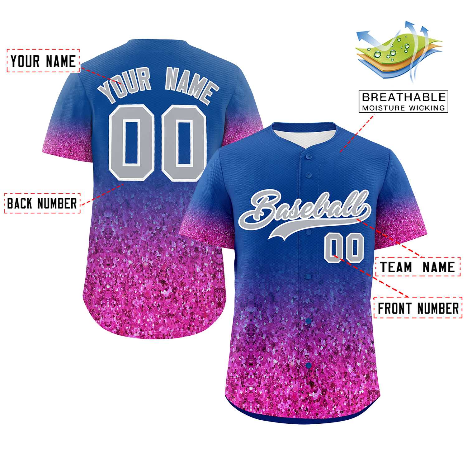 Custom Royal Gray Sparkle-Effect Pattern Gradient Fashion Authentic Baseball Jersey