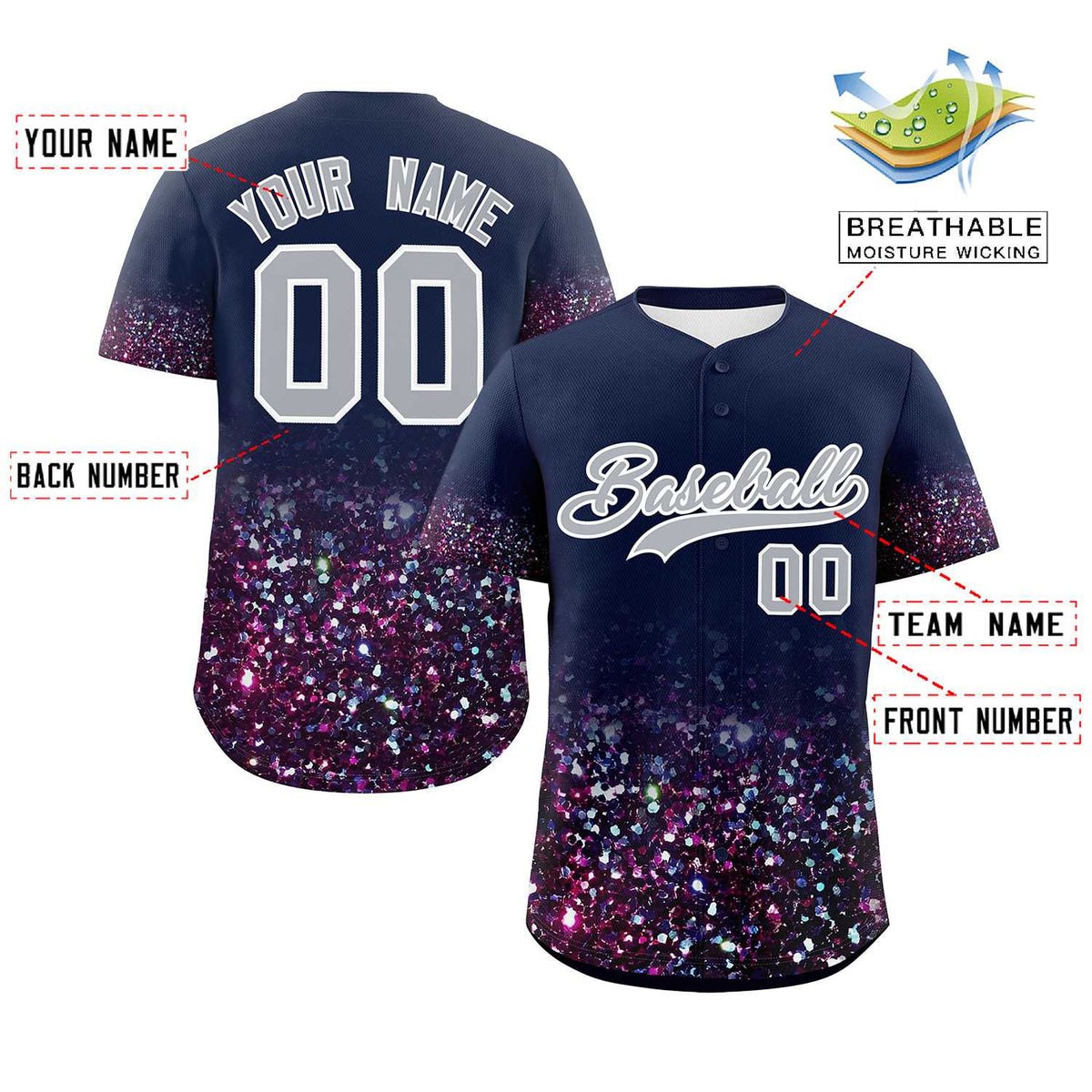 Custom Navy Gray Sparkle-Effect Pattern Gradient Fashion Authentic Baseball Jersey