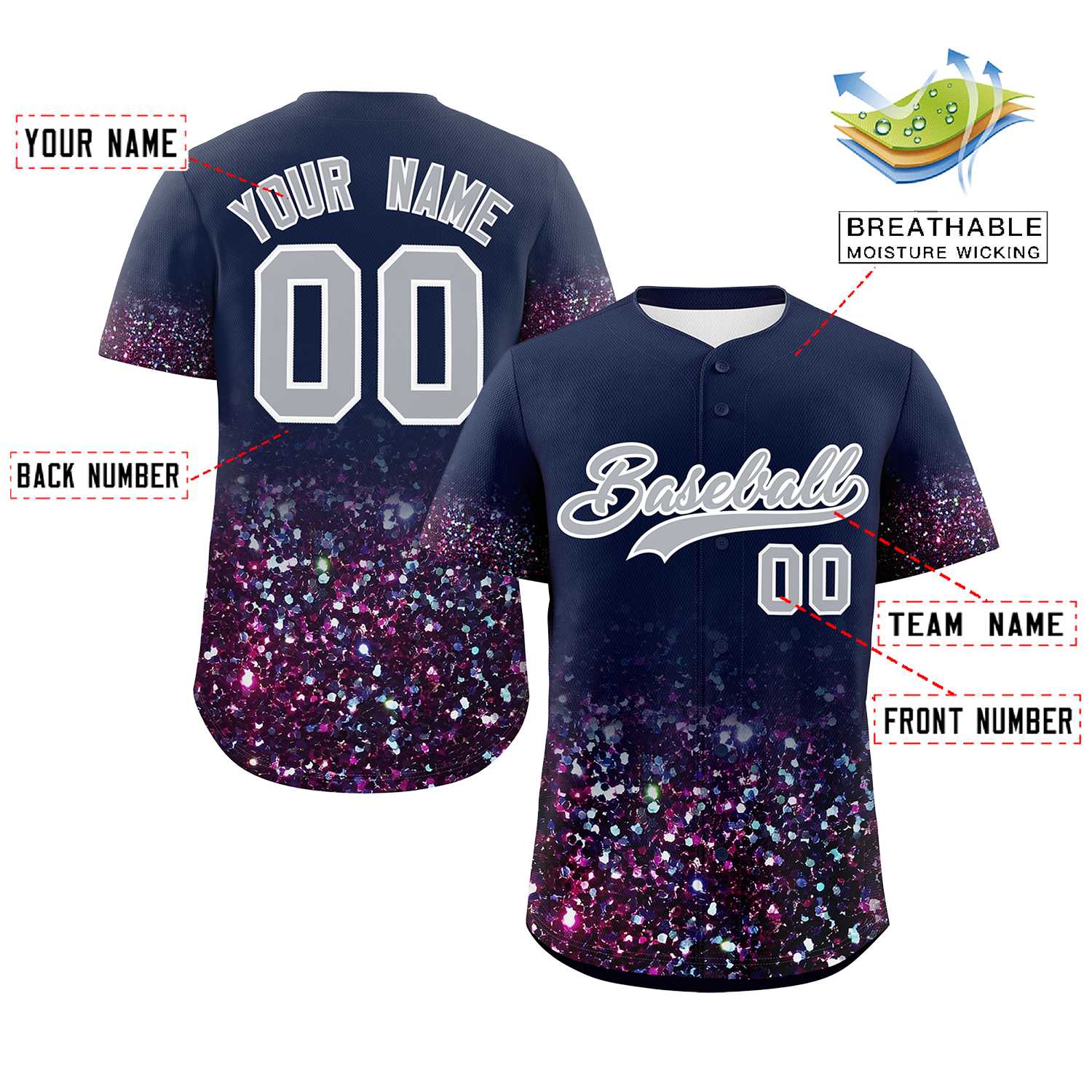 Custom Navy Gray Sparkle-Effect Pattern Gradient Fashion Authentic Baseball Jersey