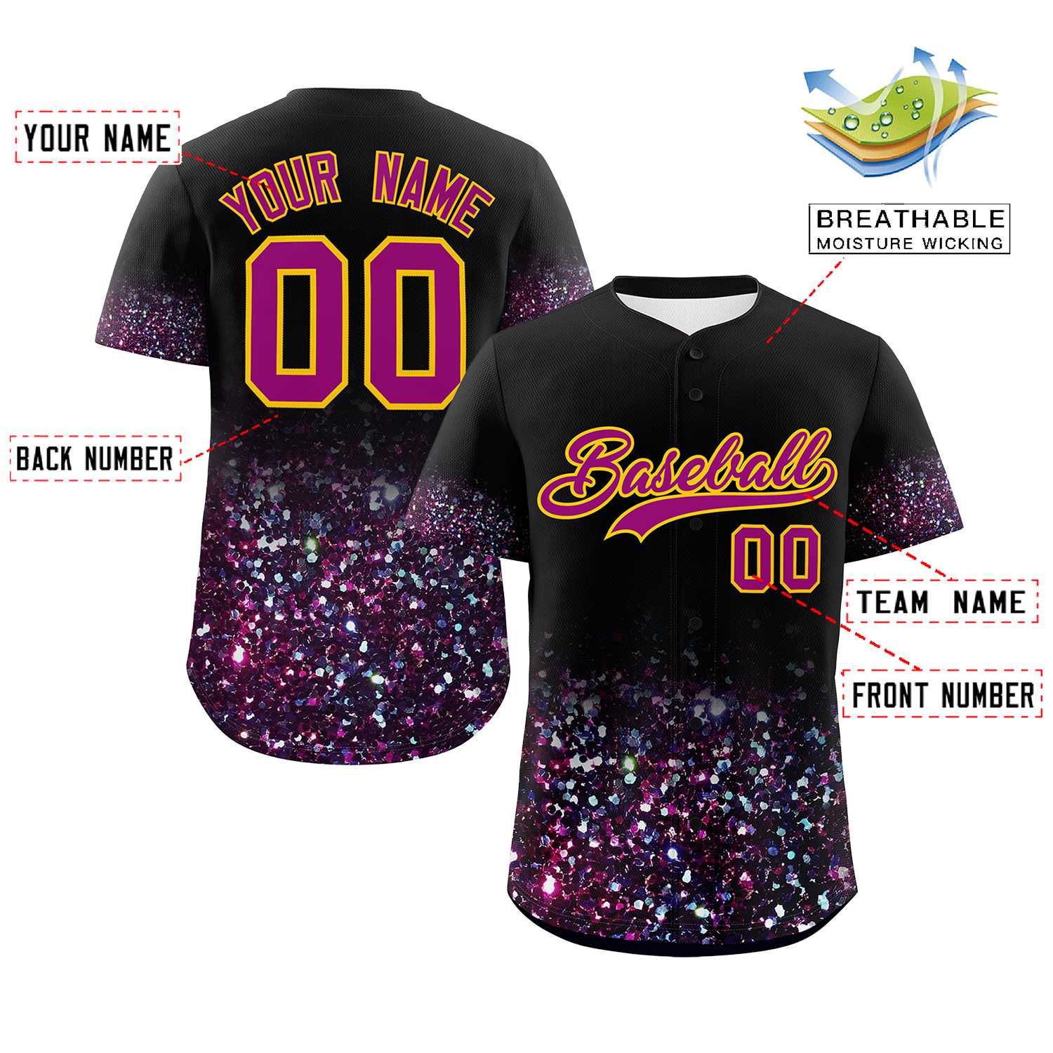 Custom Black Dark Pink Sparkle-Effect Pattern Gradient Fashion Authentic Baseball Jersey