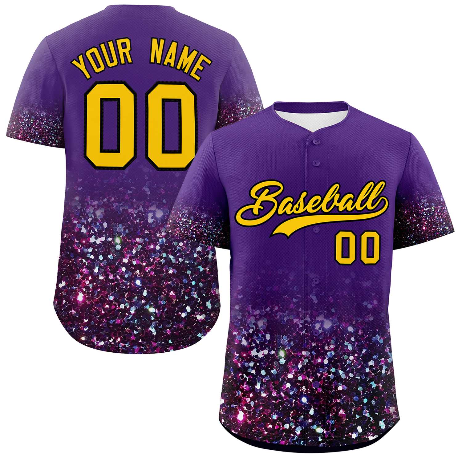 Custom Purple Gold Sparkle-Effect Pattern Gradient Fashion Authentic Baseball Jersey