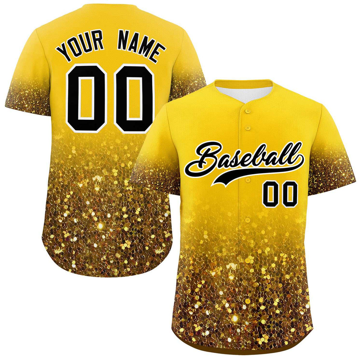 Custom Gold Black Sparkle-Effect Pattern Gradient Fashion Authentic Baseball Jersey