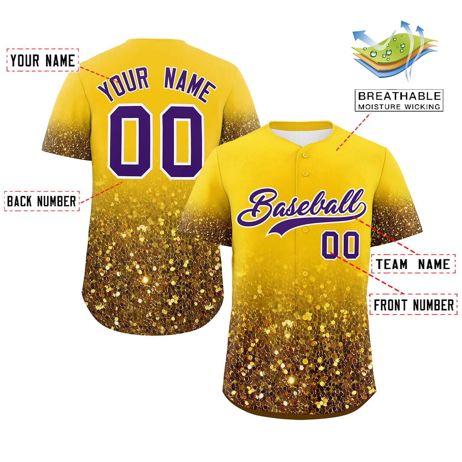 Custom Gold Purple Sparkle-Effect Pattern Gradient Fashion Authentic Baseball Jersey
