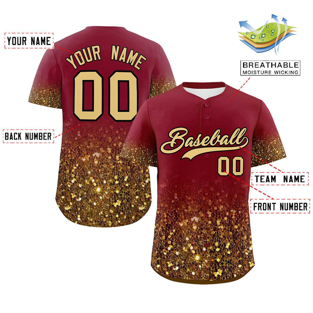 Custom Crimson Old Gold Sparkle-Effect Pattern Gradient Fashion Authentic Baseball Jersey
