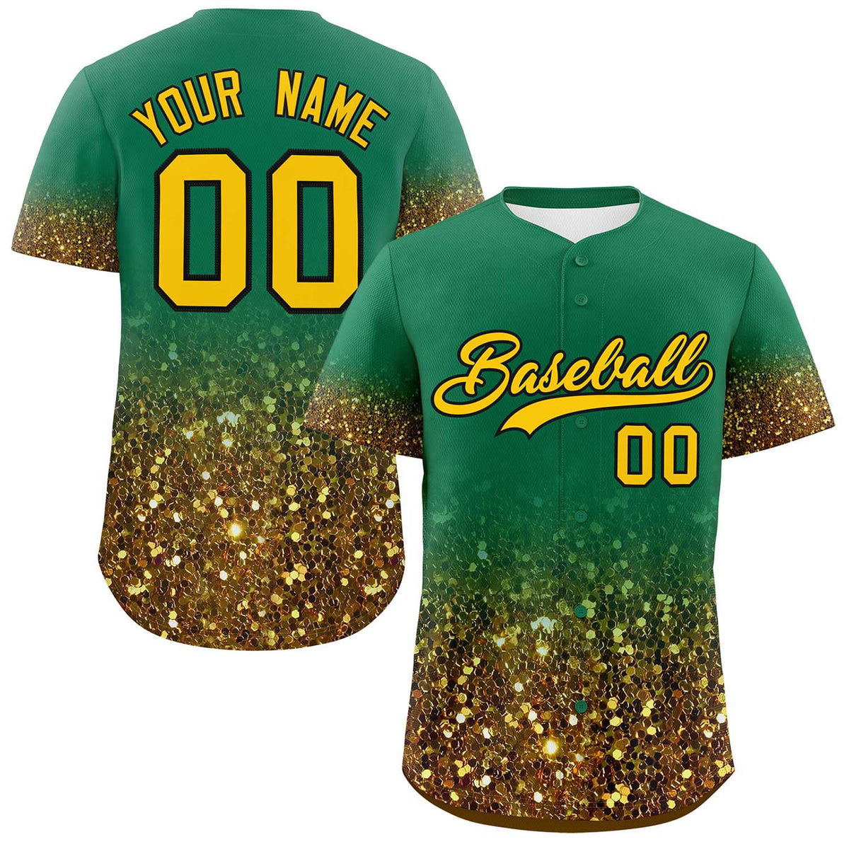 Custom Kelly Green Gold Sparkle-Effect Pattern Gradient Fashion Authentic Baseball Jersey