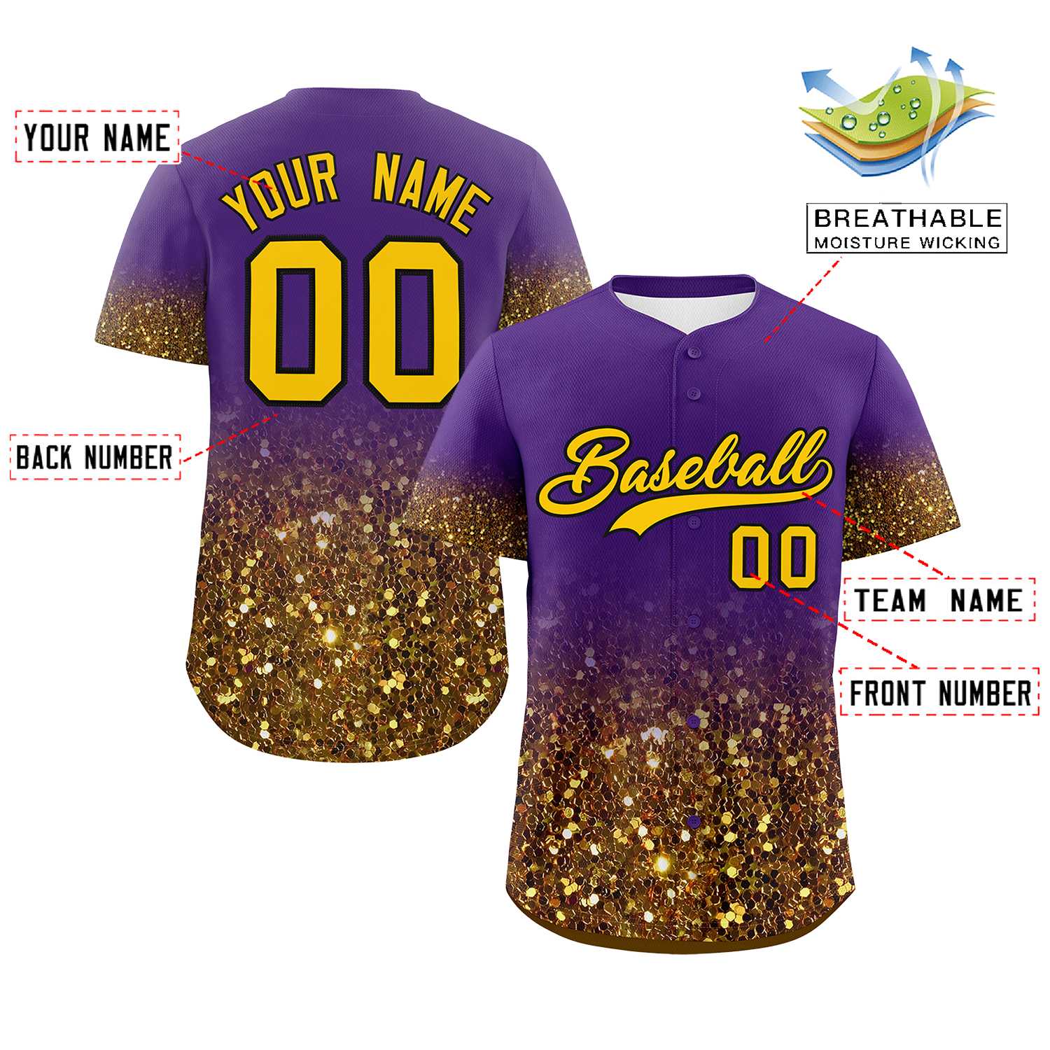 Custom Purple Gold Sparkle-Effect Pattern Gradient Fashion Authentic Baseball Jersey