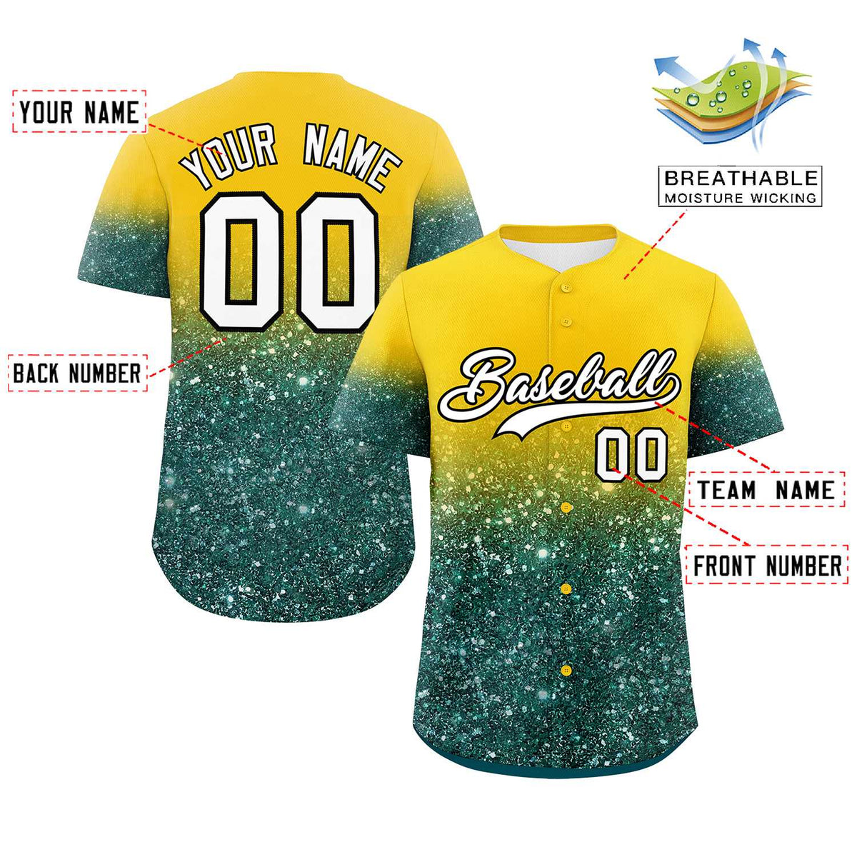 Custom Gold White Sparkle-Effect Pattern Gradient Fashion Authentic Baseball Jersey