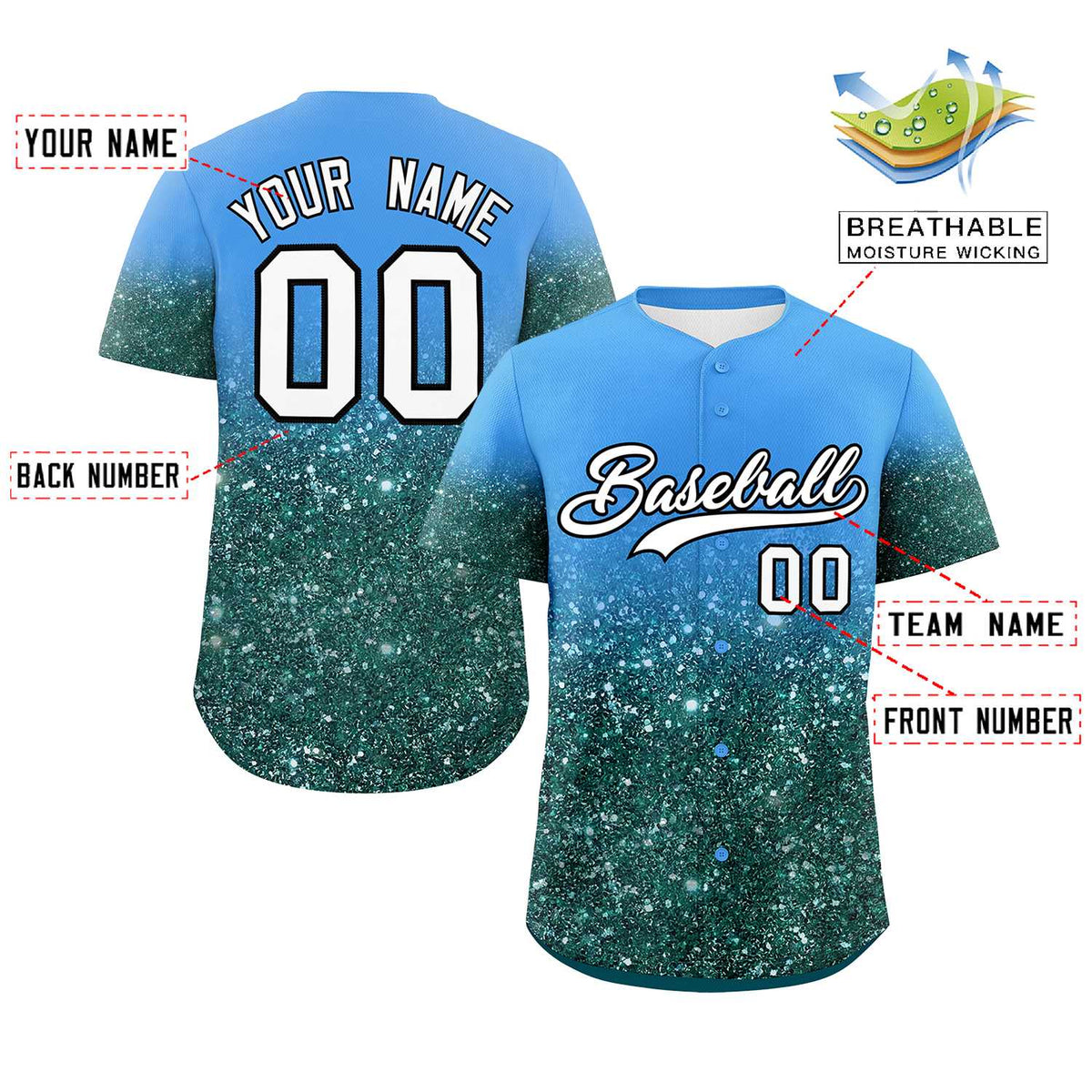 Custom Powder Blue White Sparkle-Effect Pattern Gradient Fashion Authentic Baseball Jersey