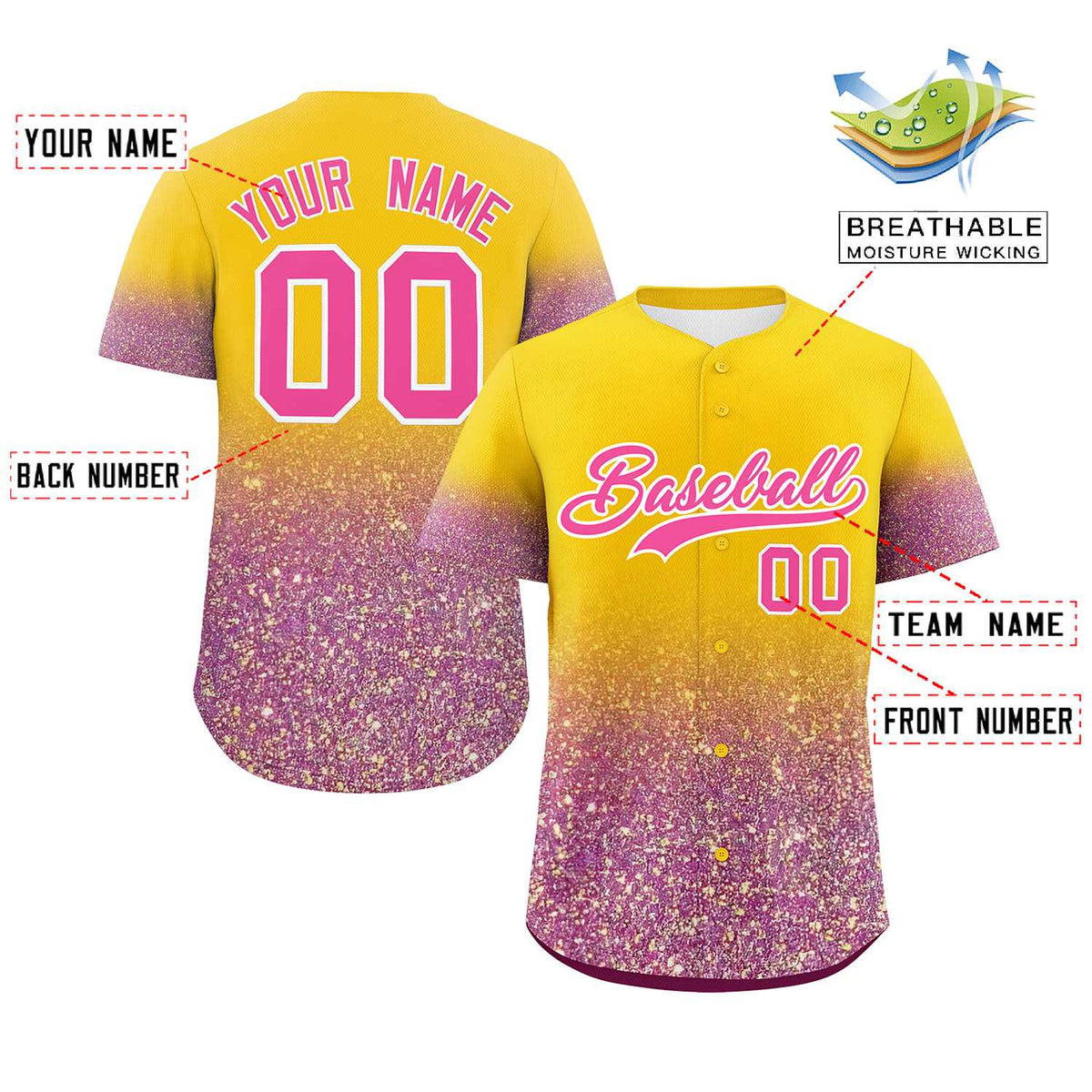 Custom Gold Pink Sparkle-Effect Pattern Gradient Fashion Authentic Baseball Jersey