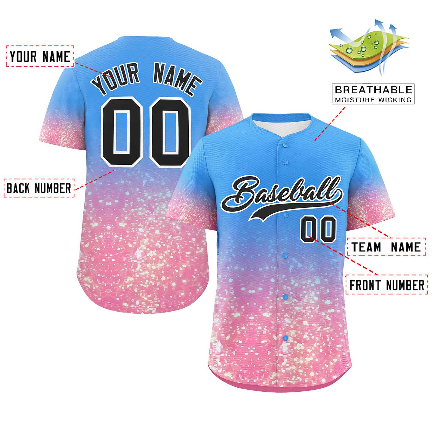 Custom Powder Blue Black Sparkle-Effect Pattern Gradient Fashion Authentic Baseball Jersey