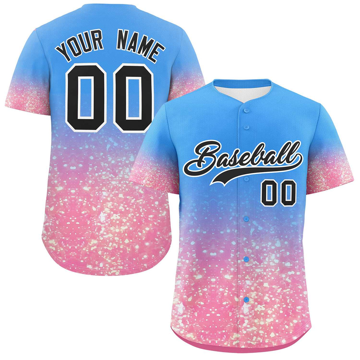 Custom Powder Blue Black Sparkle-Effect Pattern Gradient Fashion Authentic Baseball Jersey
