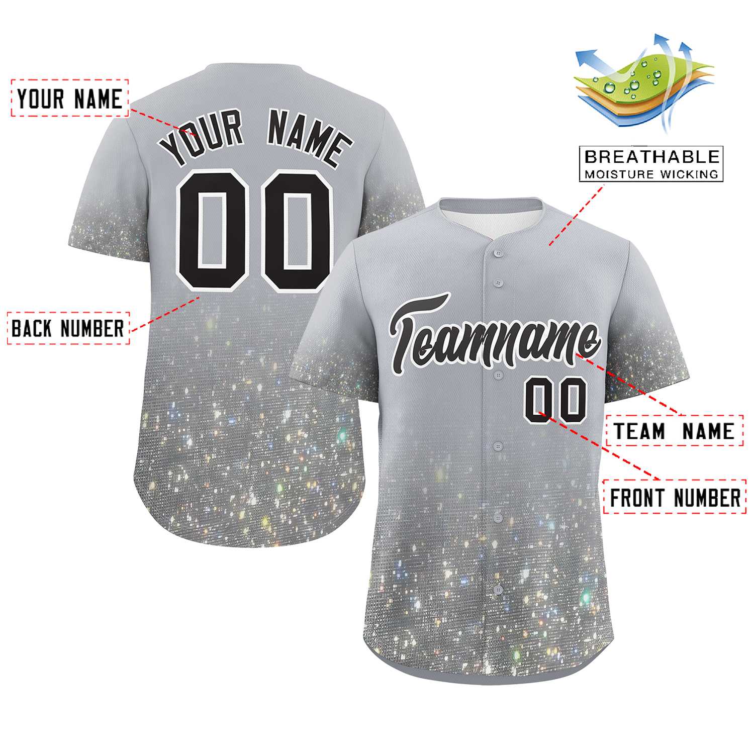 Custom Gray Black Sparkle-Effect Pattern Gradient Fashion Authentic Baseball Jersey