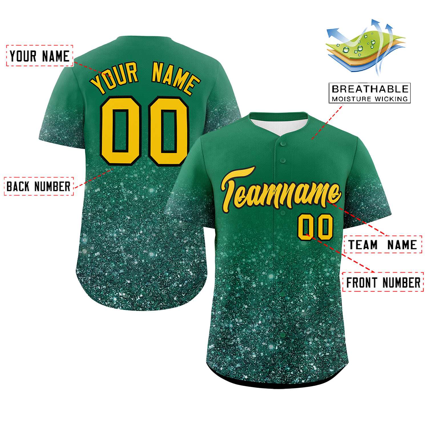 Custom Teal Gold Sparkle-Effect Pattern Gradient Fashion Authentic Baseball Jersey
