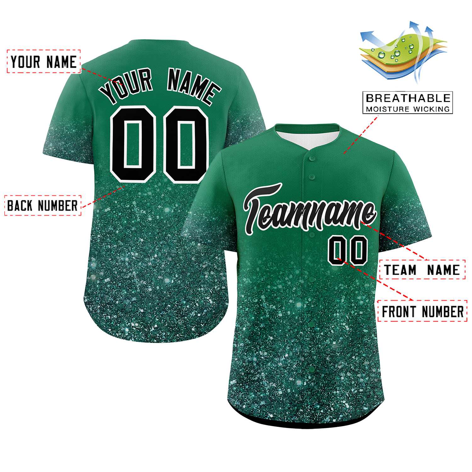 Custom Kelly Green Black Sparkle-Effect Pattern Gradient Fashion Authentic Baseball Jersey